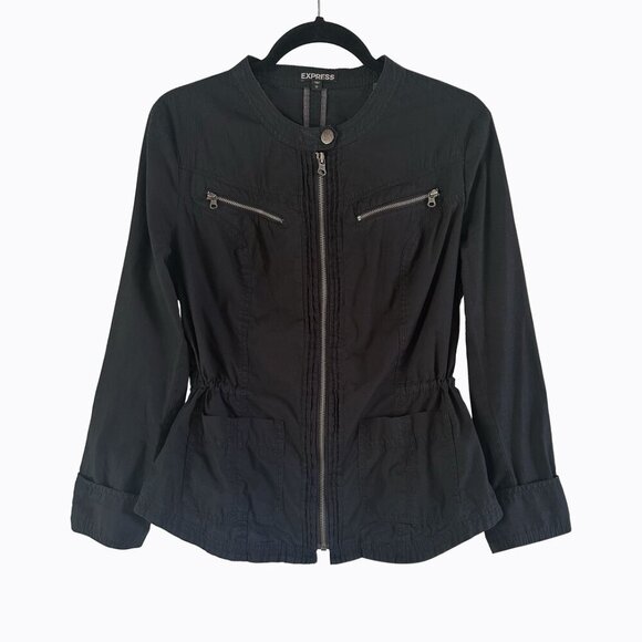 Express Black Zip Jacket M/L 100% Cotton Cinch Waist 90s Grung Y2K Military-Vibe - Picture 6 of 6